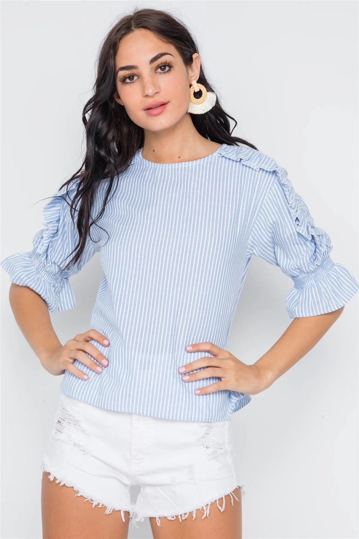 Powder Blue Stripe 3/4 Sleeve Ruffle Layer Top