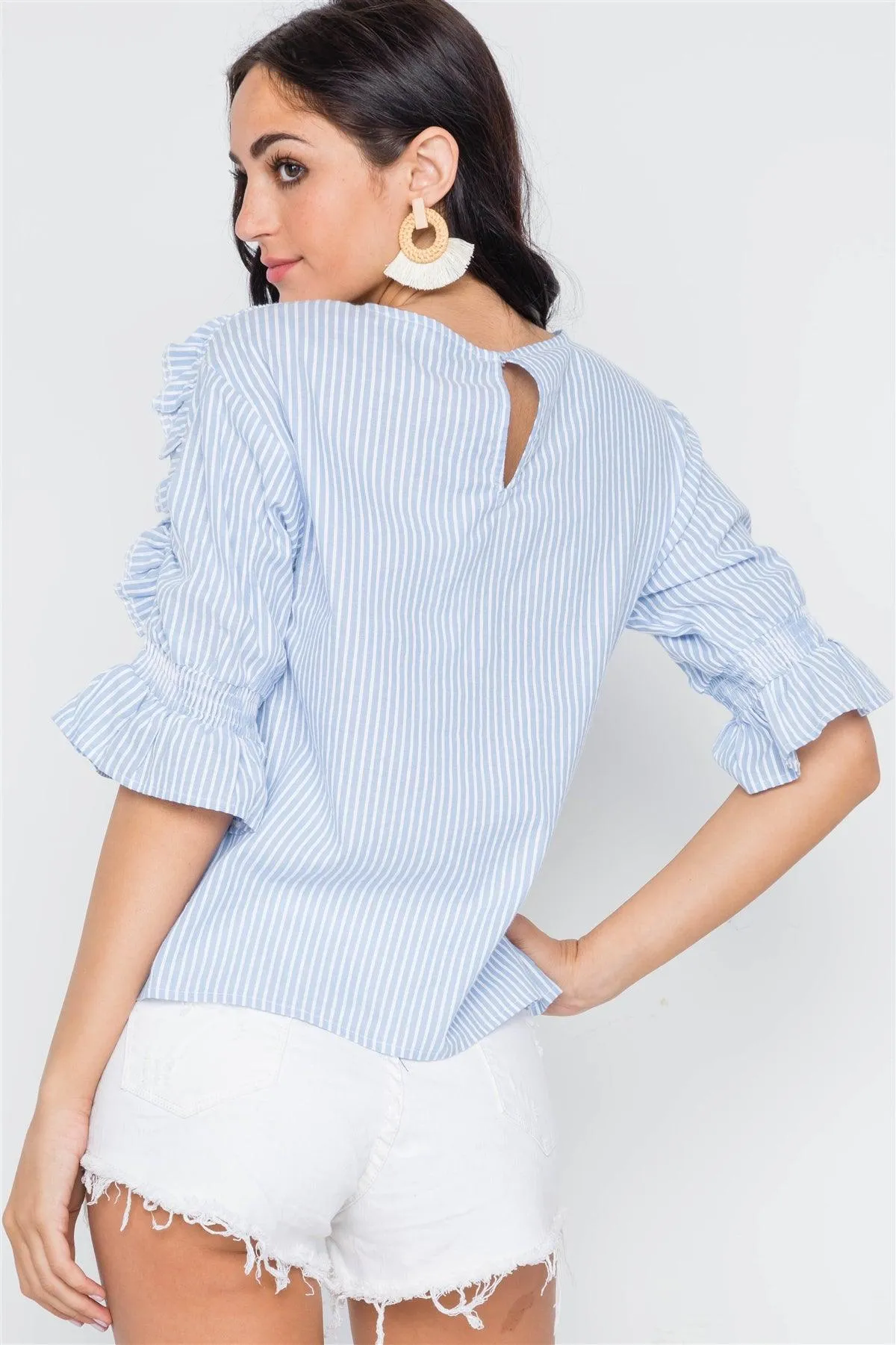 Powder Blue Stripe 3/4 Sleeve Ruffle Layer Top