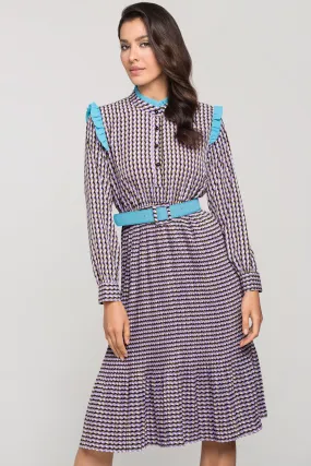 Purple Print Vintage Pleated Midi Dress