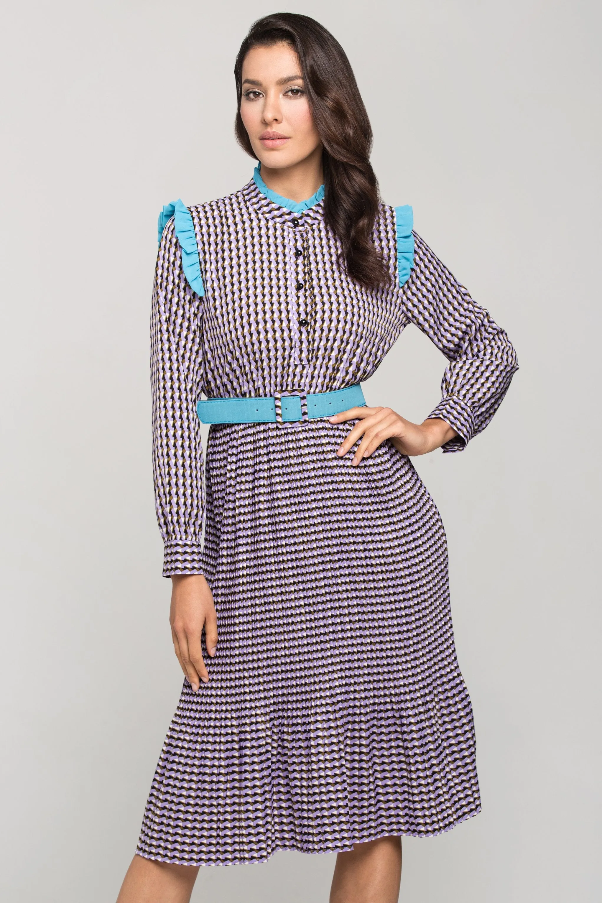 Purple Print Vintage Pleated Midi Dress