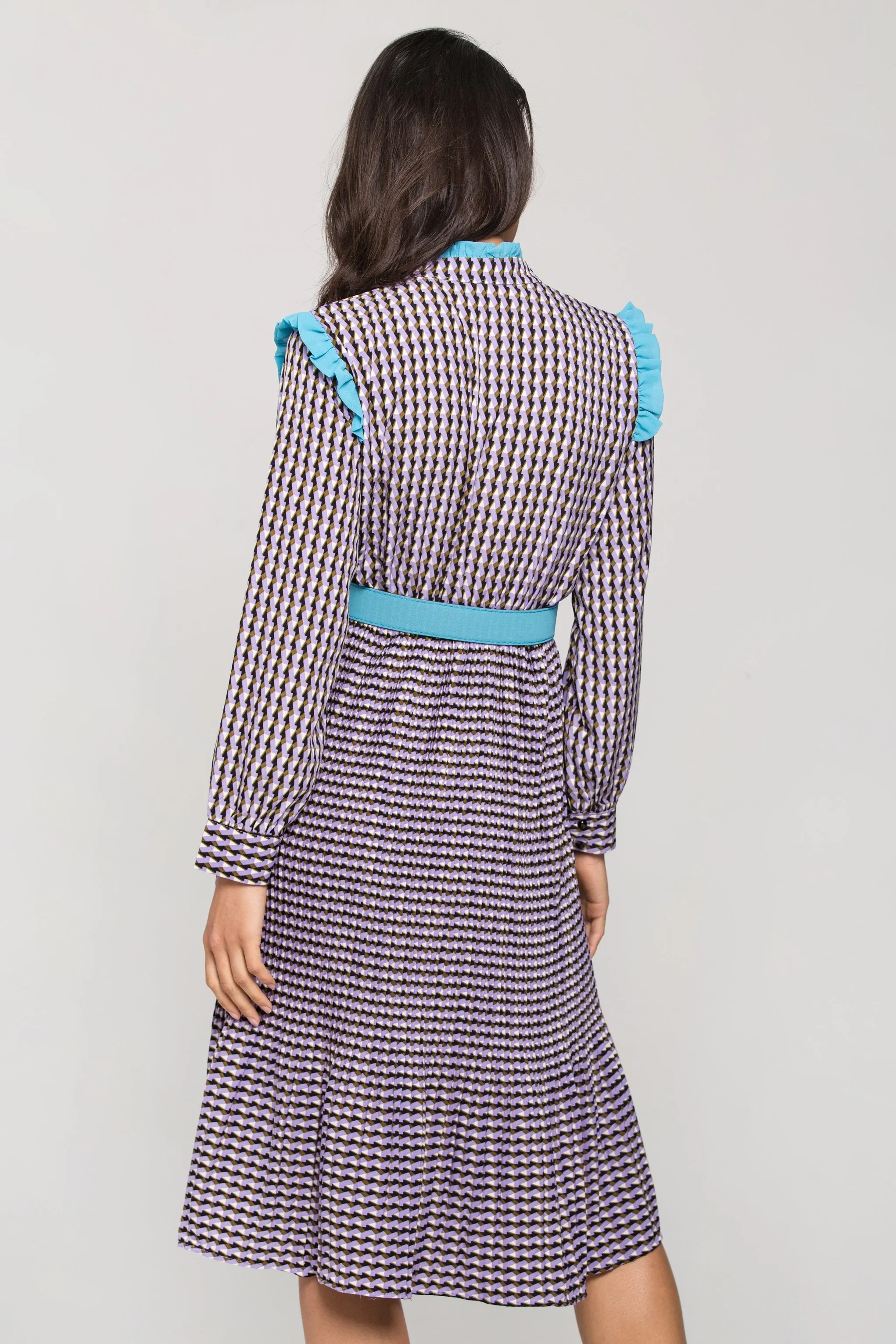 Purple Print Vintage Pleated Midi Dress