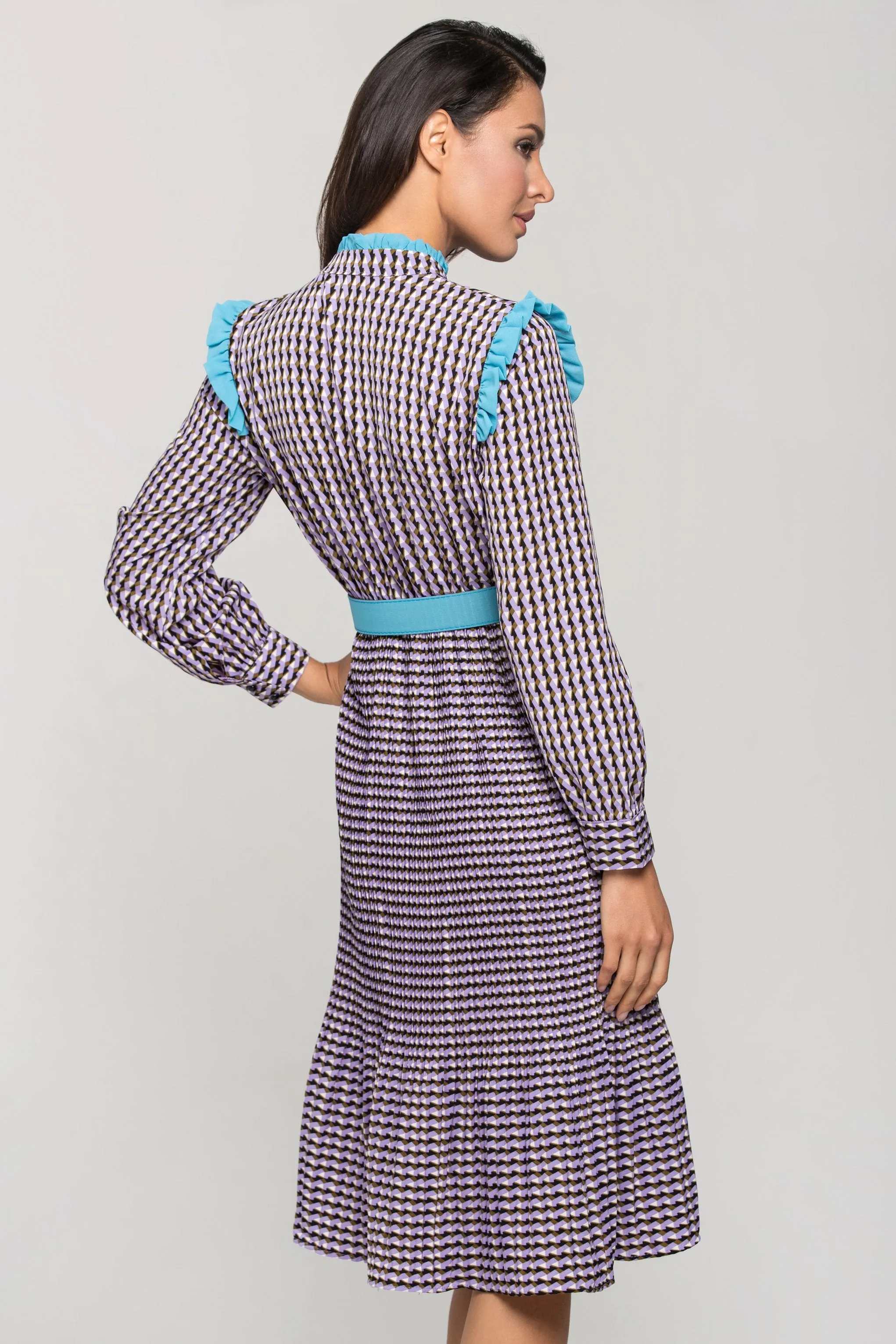 Purple Print Vintage Pleated Midi Dress