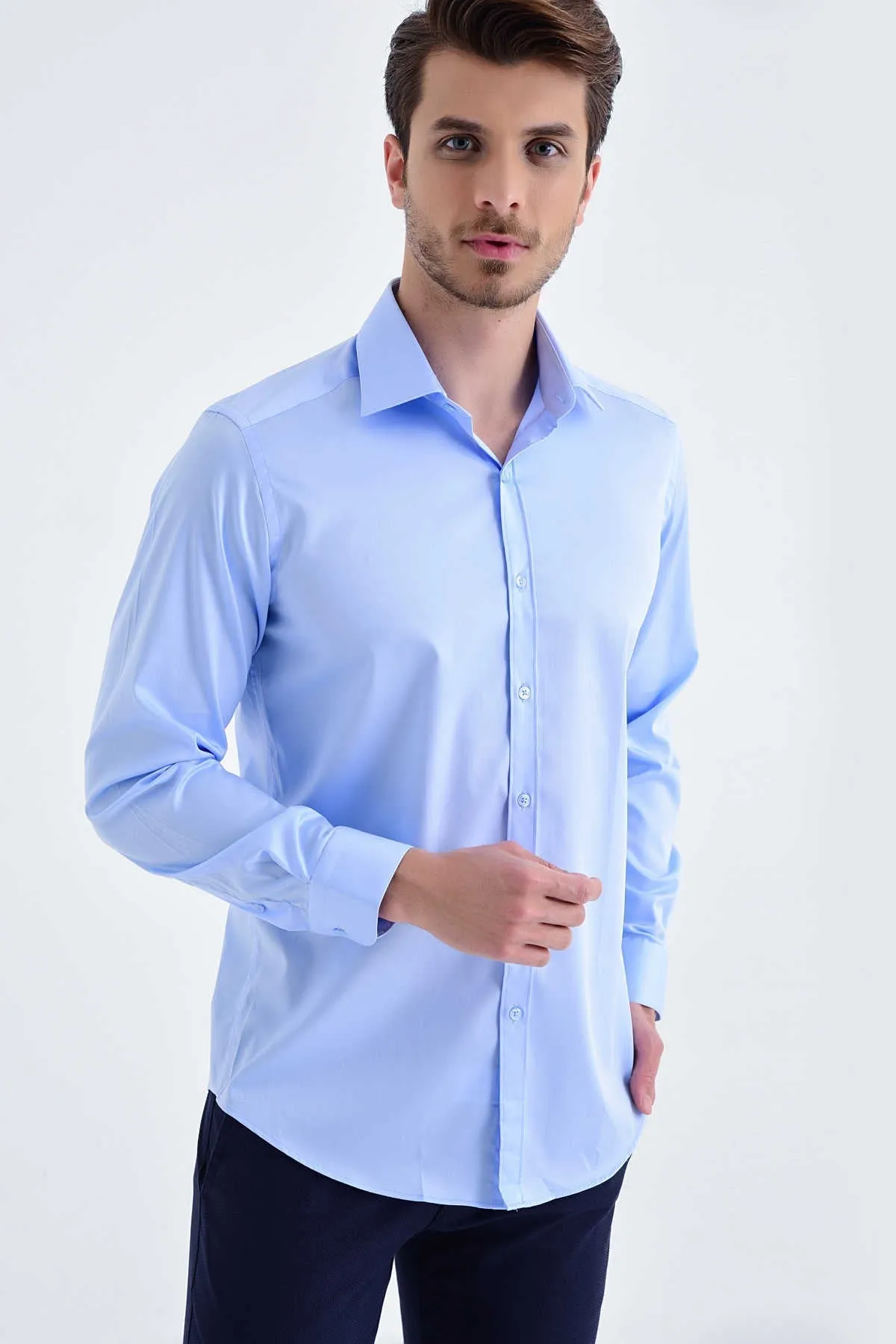 Regular Fit Cotton Blend Light Blue Dress Shirt