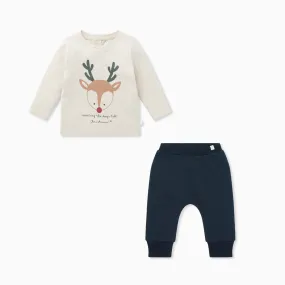 Reindeer Slogan Long Sleeve Tee & Joggers Outfit Cream