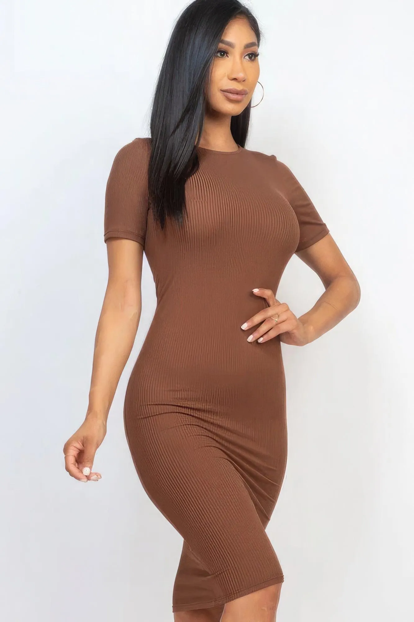 Ribbed Bodycon Midi Dress - Brown