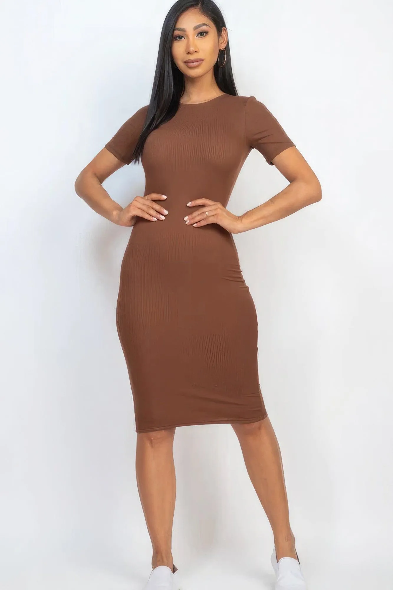 Ribbed Bodycon Midi Dress - Brown