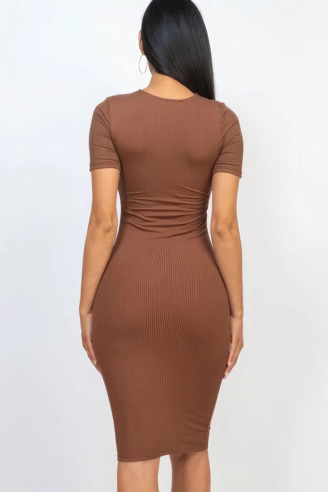 Ribbed Bodycon Midi Dress - Brown