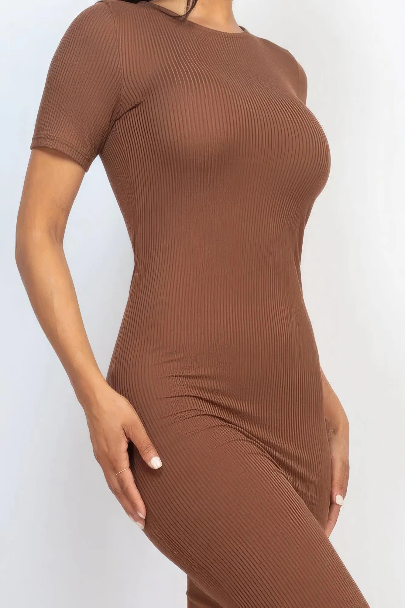 Ribbed Bodycon Midi Dress - Brown