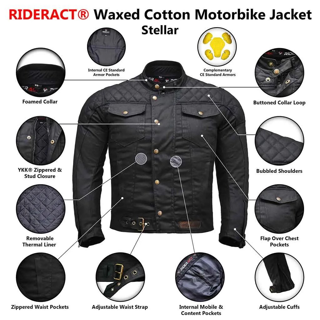 RIDERACT® Stellar Waxed Cotton Textile Waterproof Motorcycle Jackets