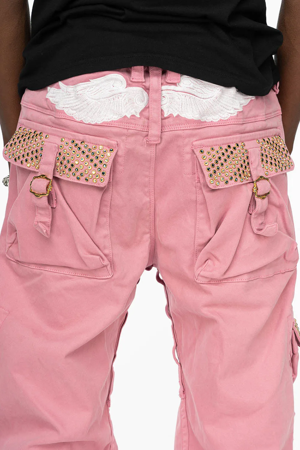 ROBINS NEW MILITARY STYLE CARGO PANTS IN PINK WITH CRYSTAL AB AND MONTANA CRYSTALS