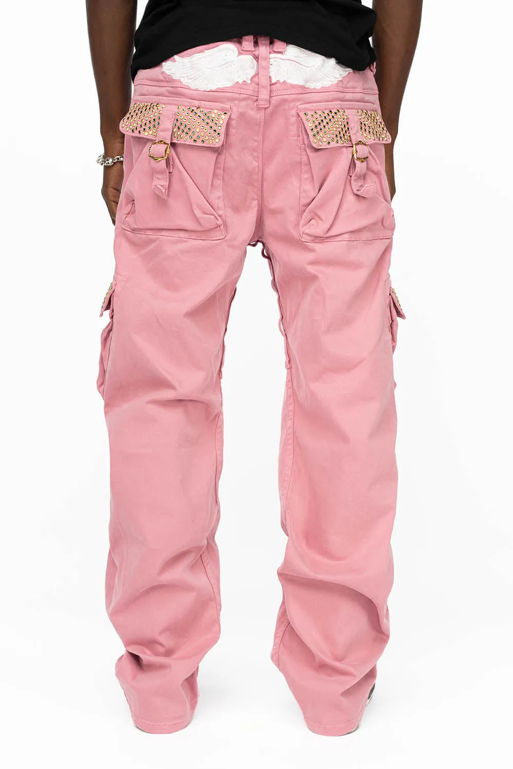 ROBINS NEW MILITARY STYLE CARGO PANTS IN PINK WITH CRYSTAL AB AND MONTANA CRYSTALS