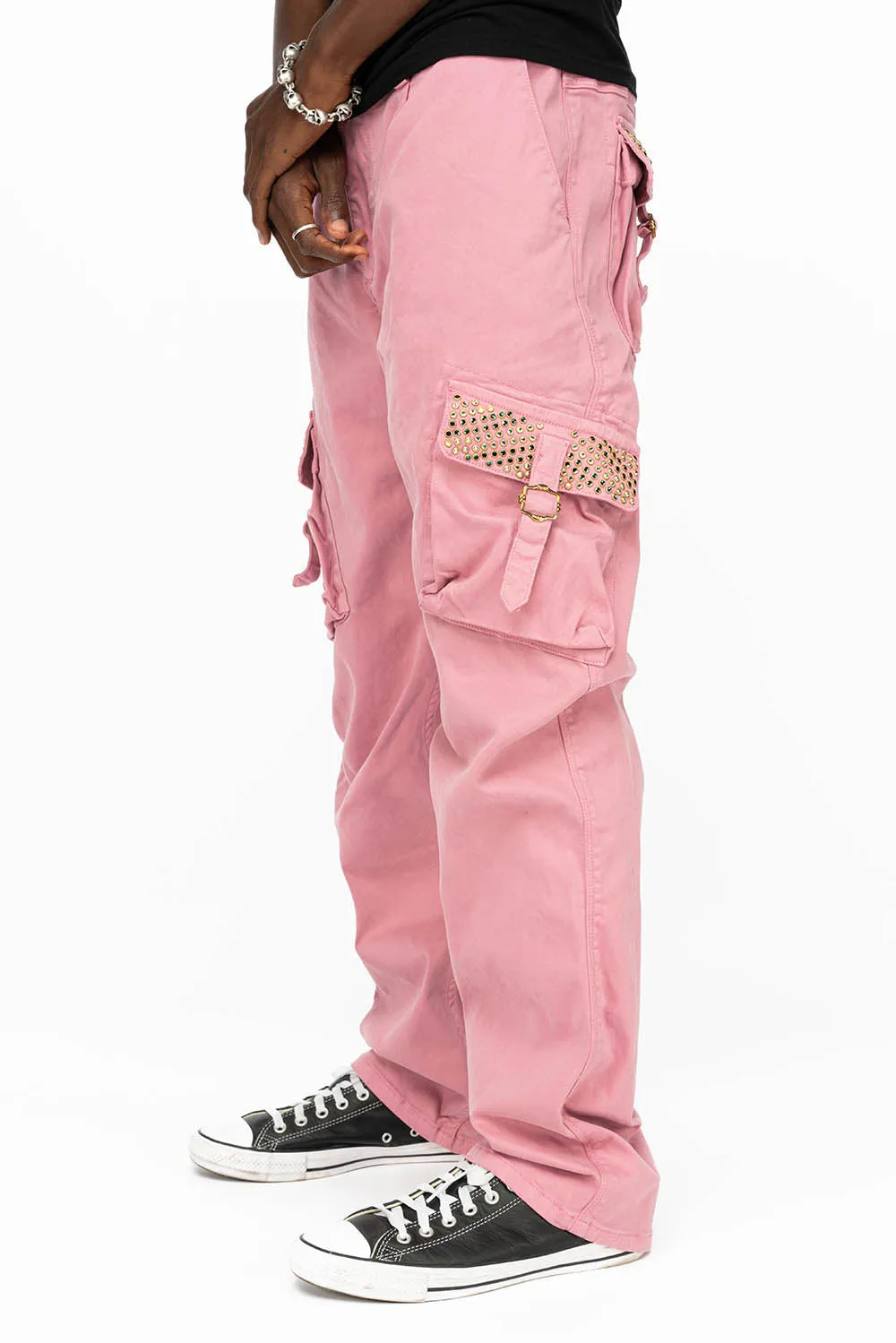 ROBINS NEW MILITARY STYLE CARGO PANTS IN PINK WITH CRYSTAL AB AND MONTANA CRYSTALS