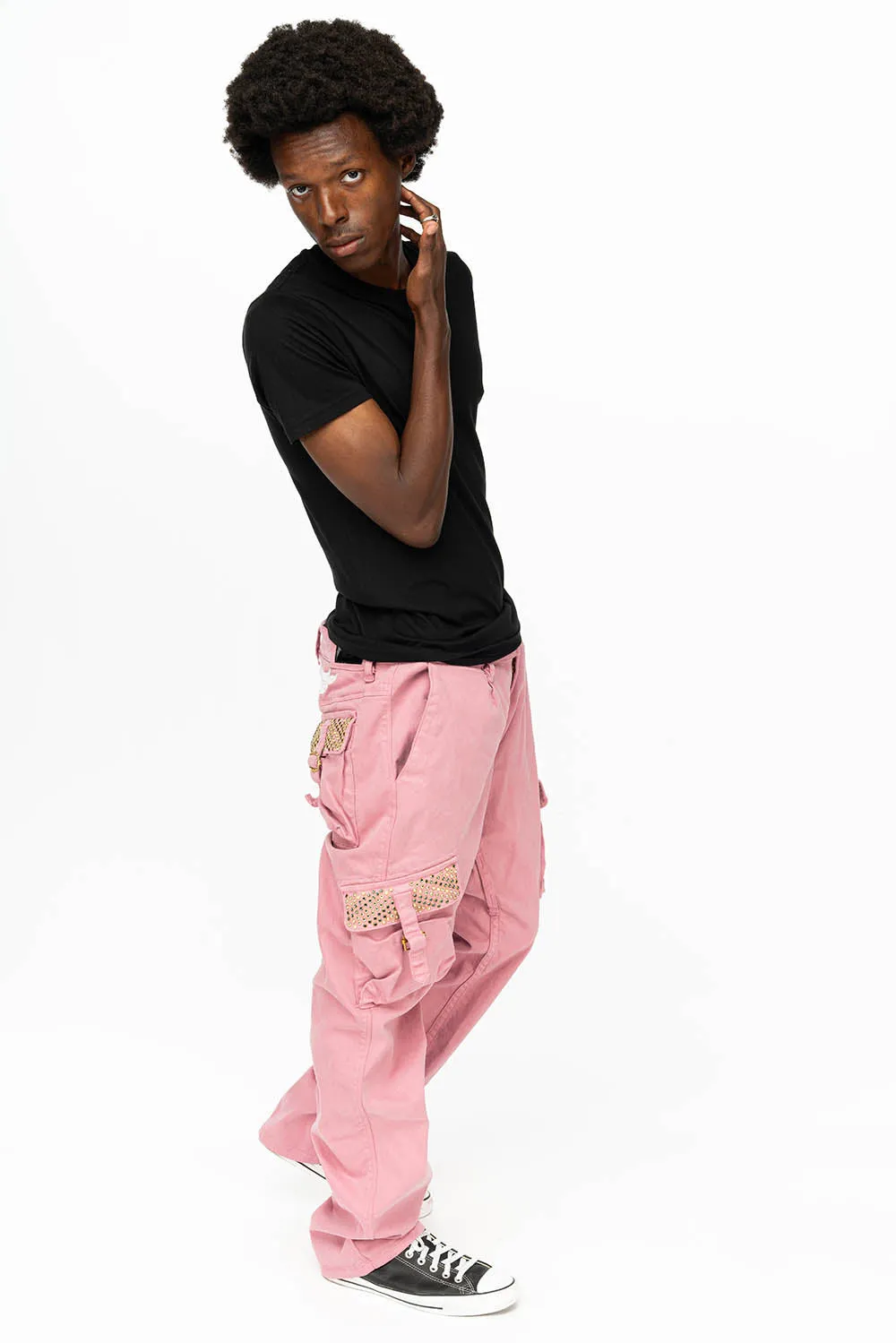 ROBINS NEW MILITARY STYLE CARGO PANTS IN PINK WITH CRYSTAL AB AND MONTANA CRYSTALS