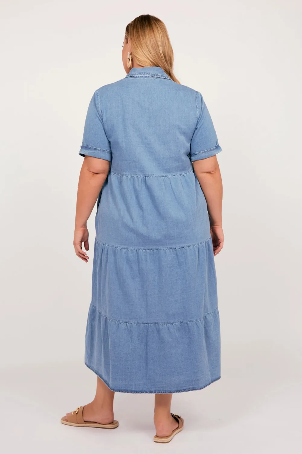 Sabre Chambray Button Through Dress in Light Wash