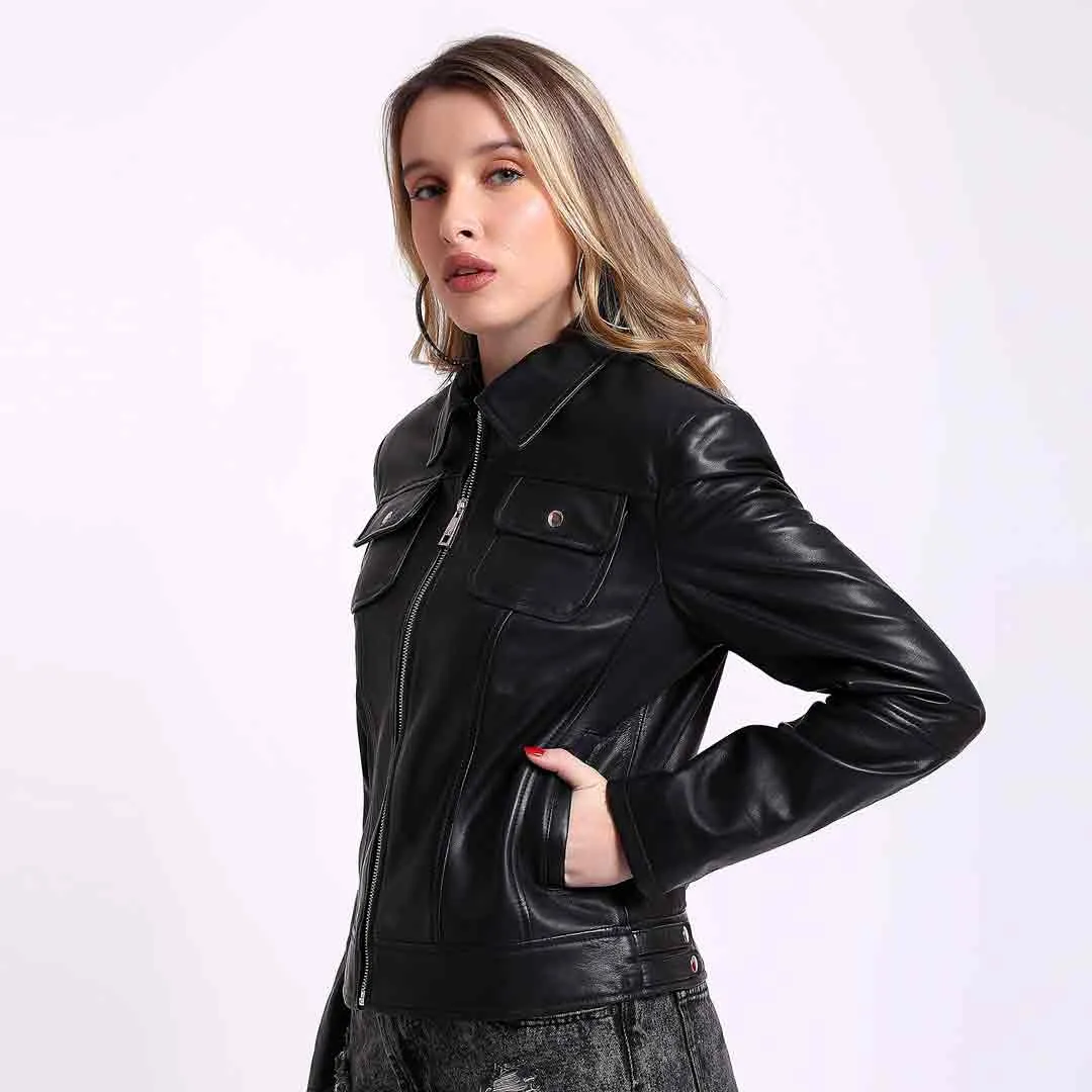 Saint Claiborne Women black Leather Spread Collar Jackets