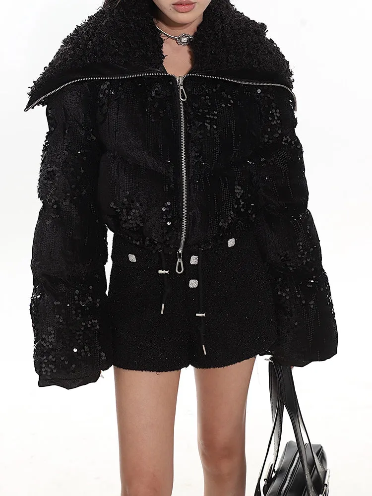 Sequin-Embellished Puffer Jacket with Shearling Trim