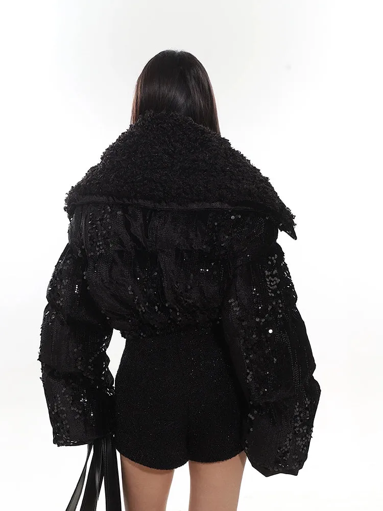 Sequin-Embellished Puffer Jacket with Shearling Trim