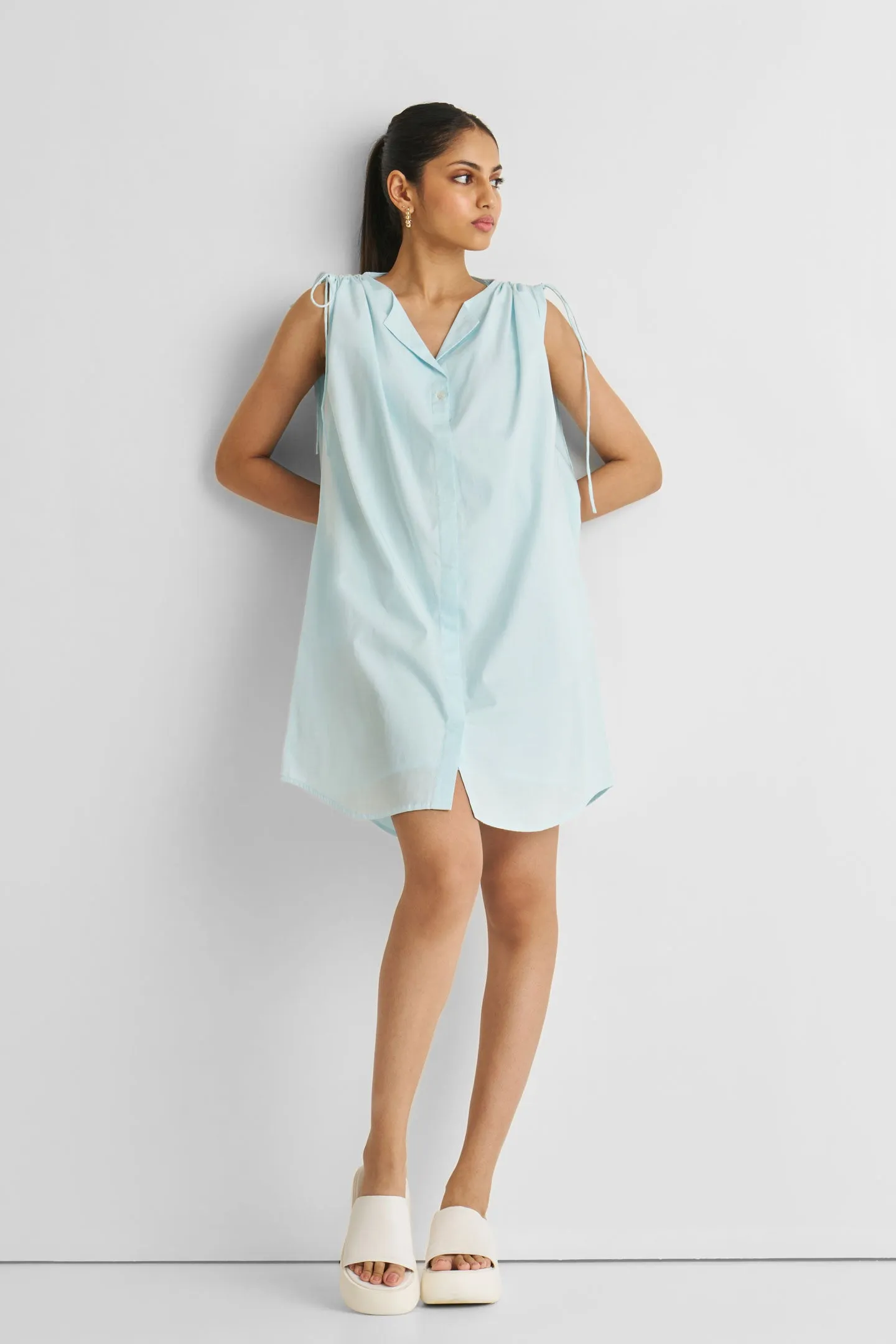 Shirt dress with Shoulder Tie Details in Summer Blue