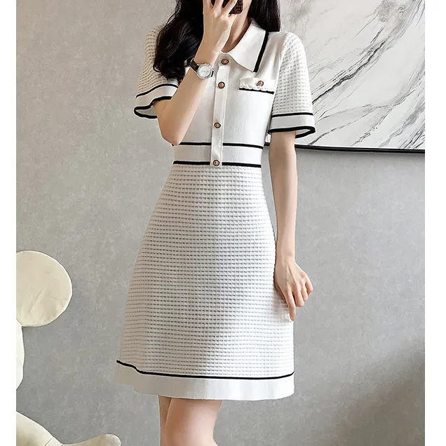 Short-Sleeved Button Elegant Ice Silk Knitted Dress