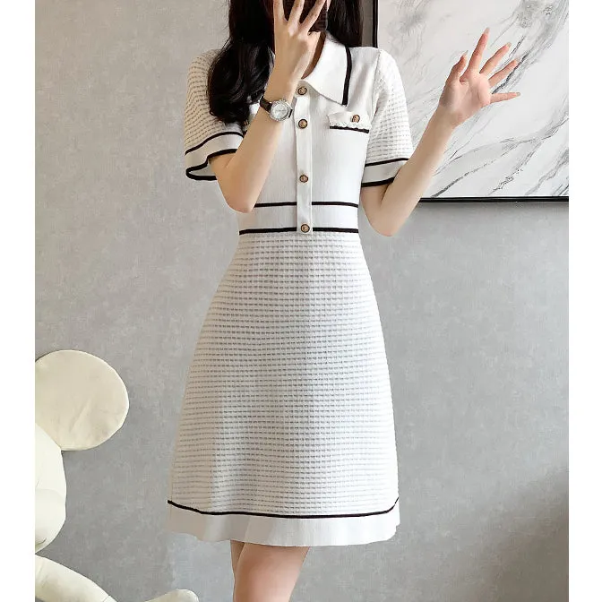 Short-Sleeved Button Elegant Ice Silk Knitted Dress