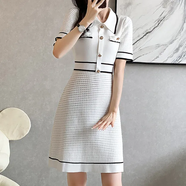 Short-Sleeved Button Elegant Ice Silk Knitted Dress