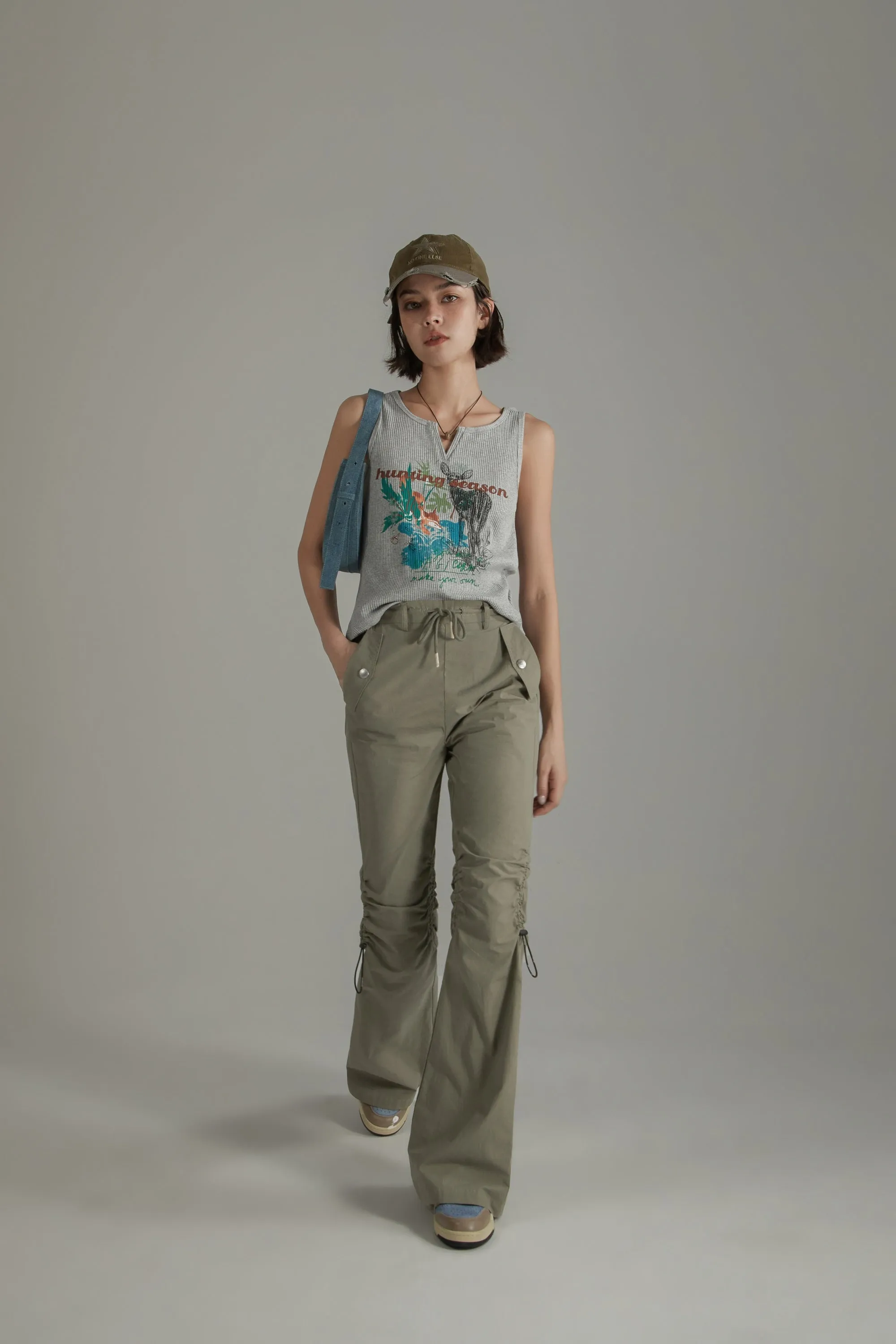 String Shirring Bootcut Cargo Style Pants