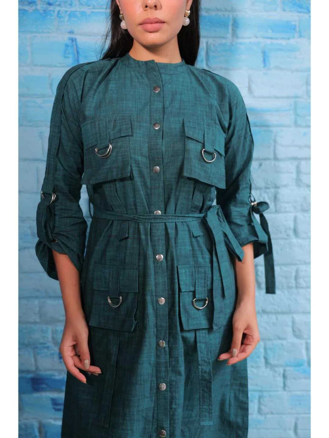 stylish cotton mandarin collar, roll up sleeve, shirt dress with snap button opning and cargo pocket  - Green