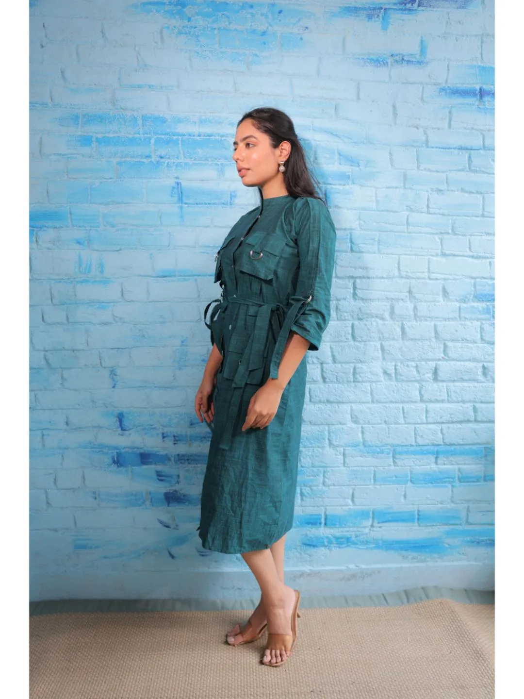 stylish cotton mandarin collar, roll up sleeve, shirt dress with snap button opning and cargo pocket  - Green