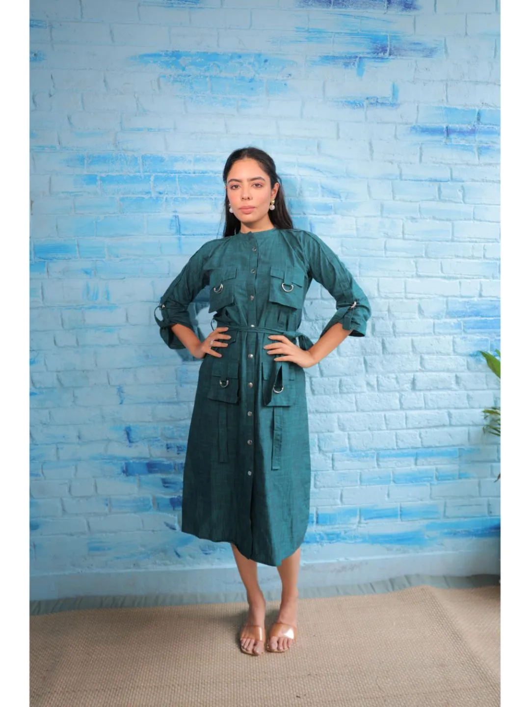 stylish cotton mandarin collar, roll up sleeve, shirt dress with snap button opning and cargo pocket  - Green