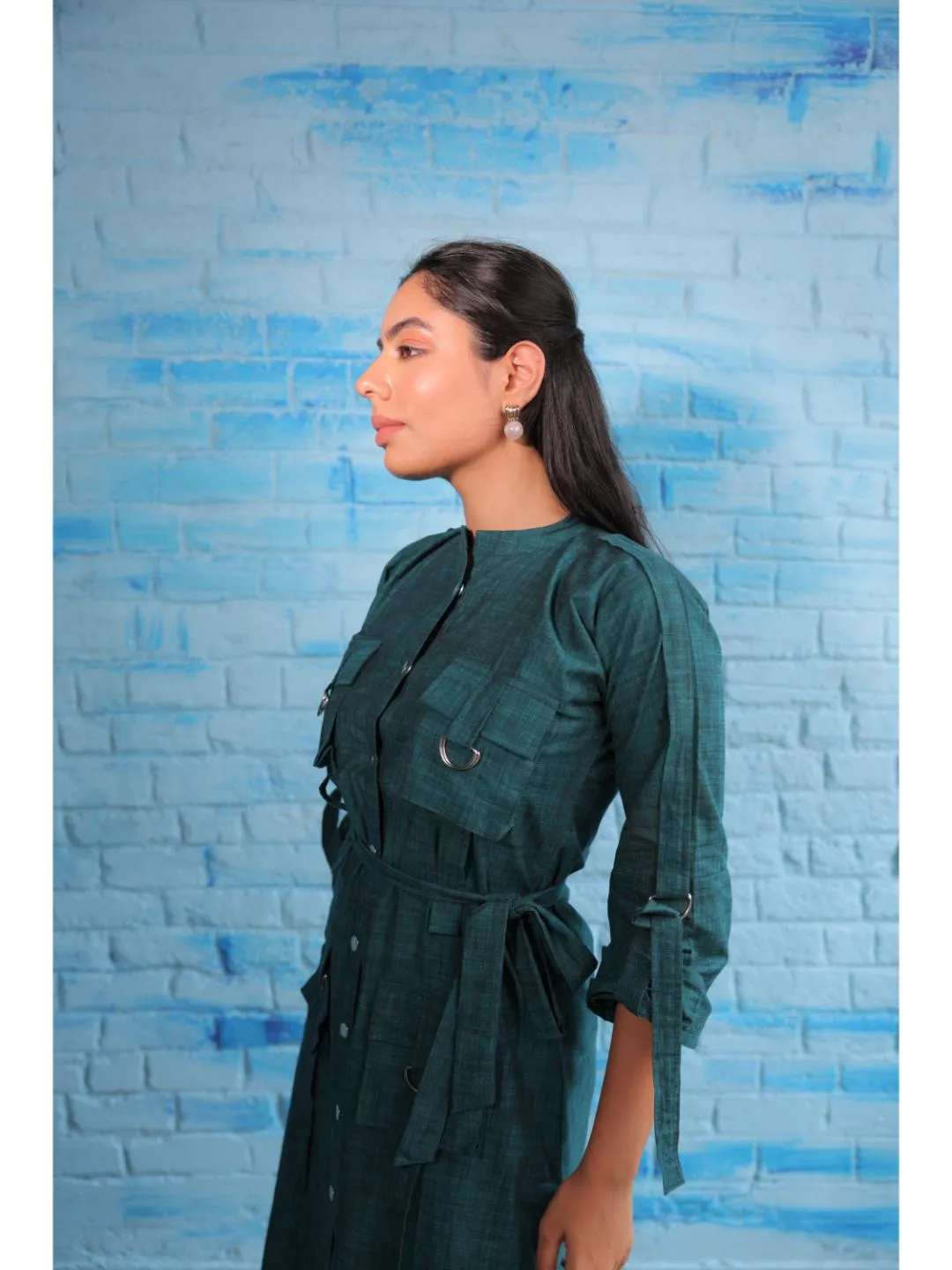 stylish cotton mandarin collar, roll up sleeve, shirt dress with snap button opning and cargo pocket  - Green