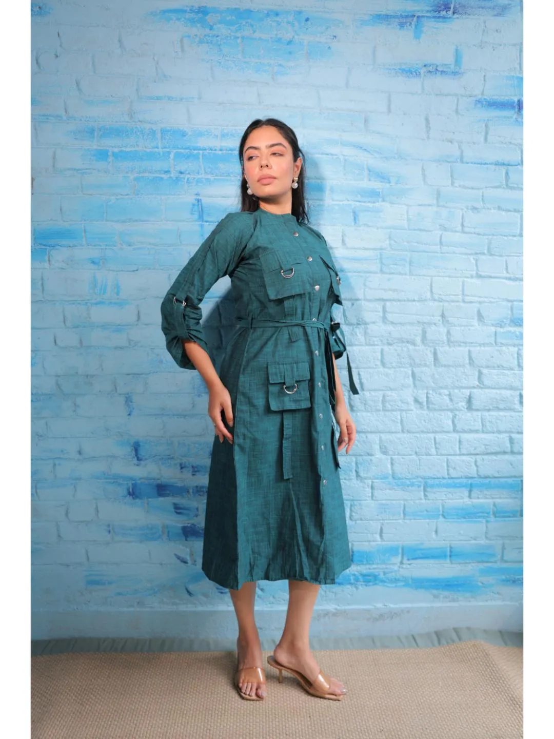 stylish cotton mandarin collar, roll up sleeve, shirt dress with snap button opning and cargo pocket  - Green