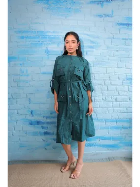 stylish cotton mandarin collar, roll up sleeve, shirt dress with snap button opning and cargo pocket  - Green