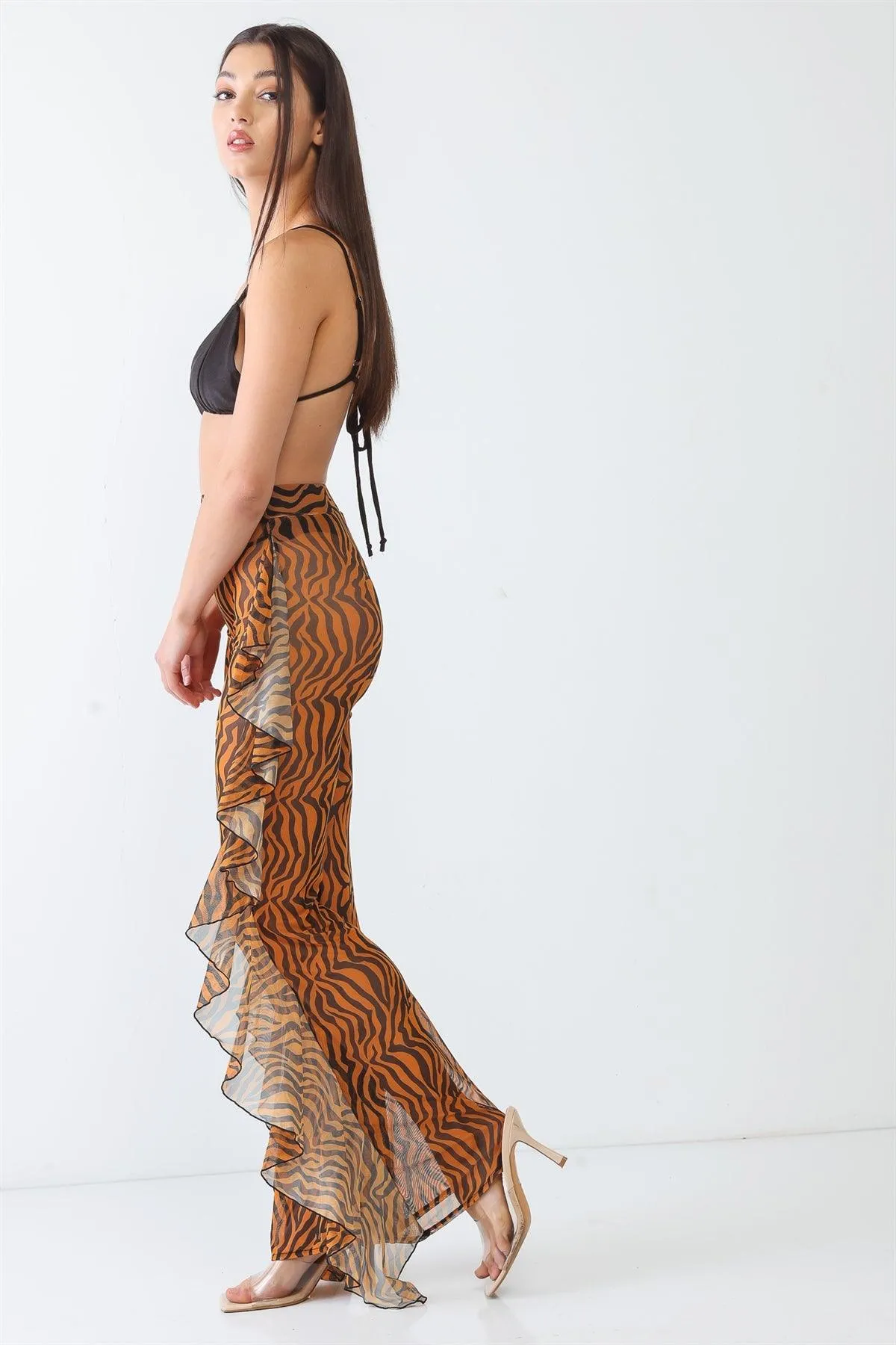 Tiger Animal Print Mesh High Waist Sexy Ruffle Pants