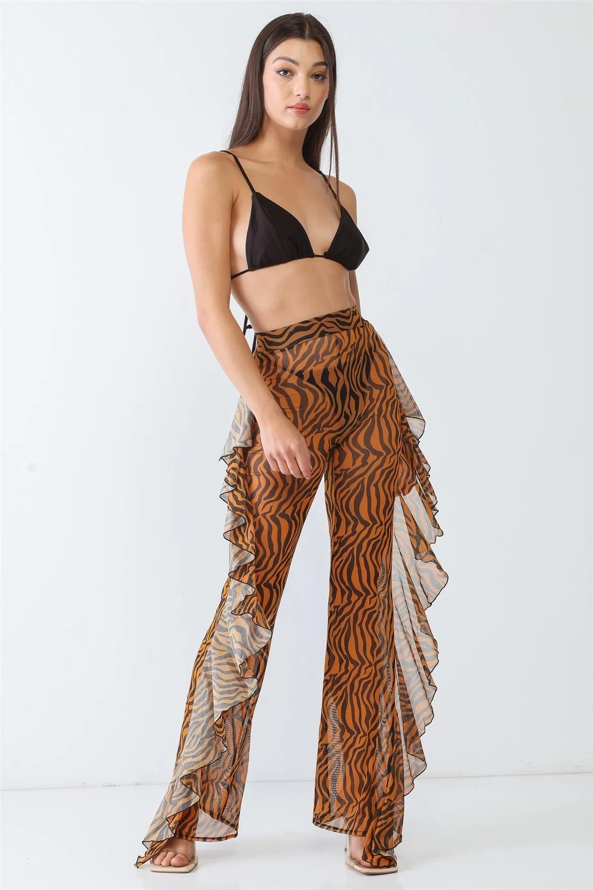 Tiger Animal Print Mesh High Waist Sexy Ruffle Pants