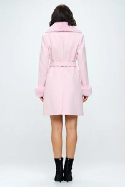 Vegan Wool Trench Coat with Belt Overlay - Pink -