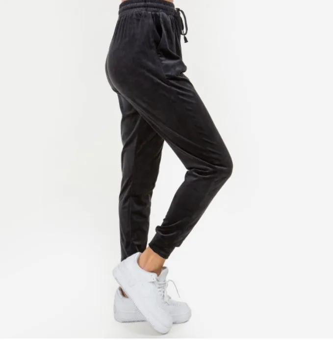 Velour, Stretchy Draw-String Joggers in Four Colors