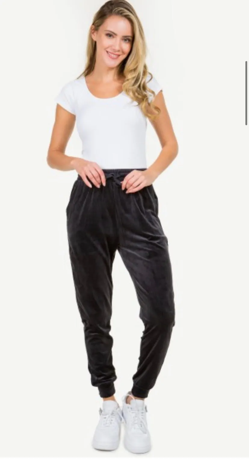 Velour, Stretchy Draw-String Joggers in Four Colors