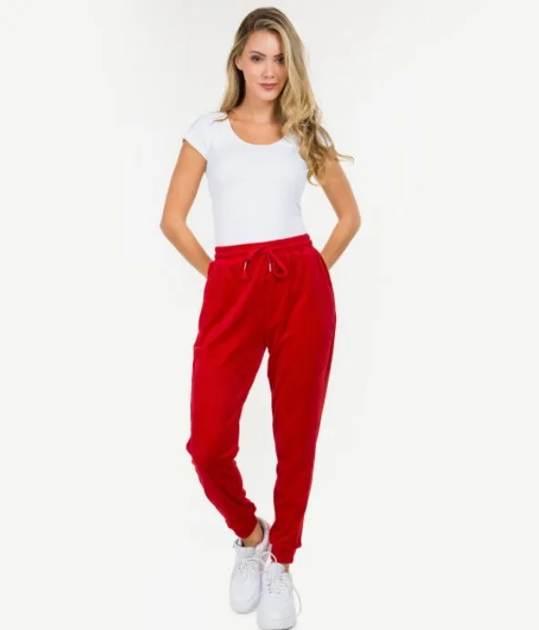 Velour, Stretchy Draw-String Joggers in Four Colors