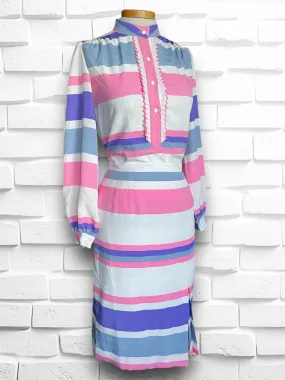 Vintage 1960’s Pink, Purple, White & Grey Striped Skirt & Long Sleeve Ruffle Shirt Set