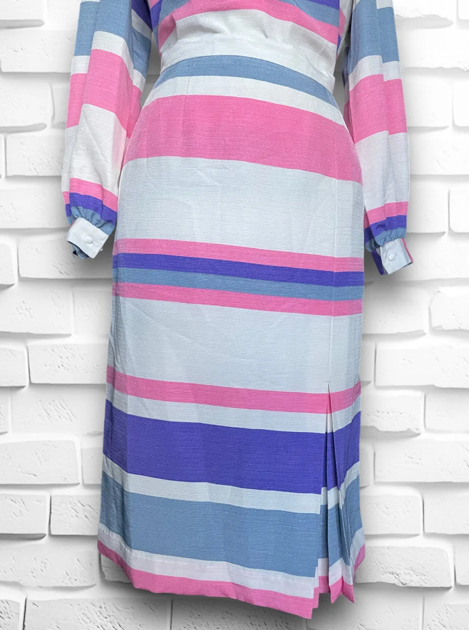 Vintage 1960’s Pink, Purple, White & Grey Striped Skirt & Long Sleeve Ruffle Shirt Set