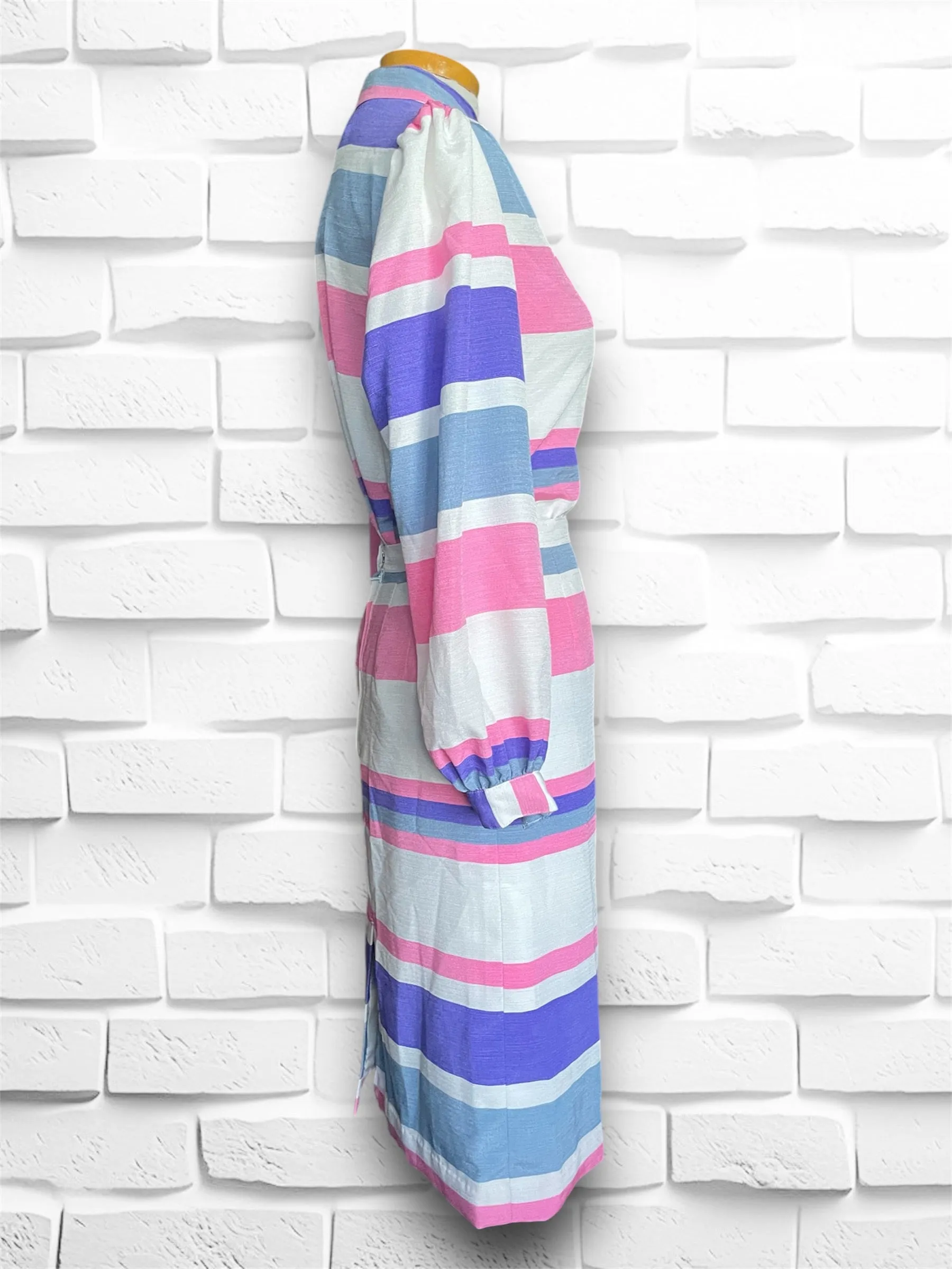 Vintage 1960’s Pink, Purple, White & Grey Striped Skirt & Long Sleeve Ruffle Shirt Set