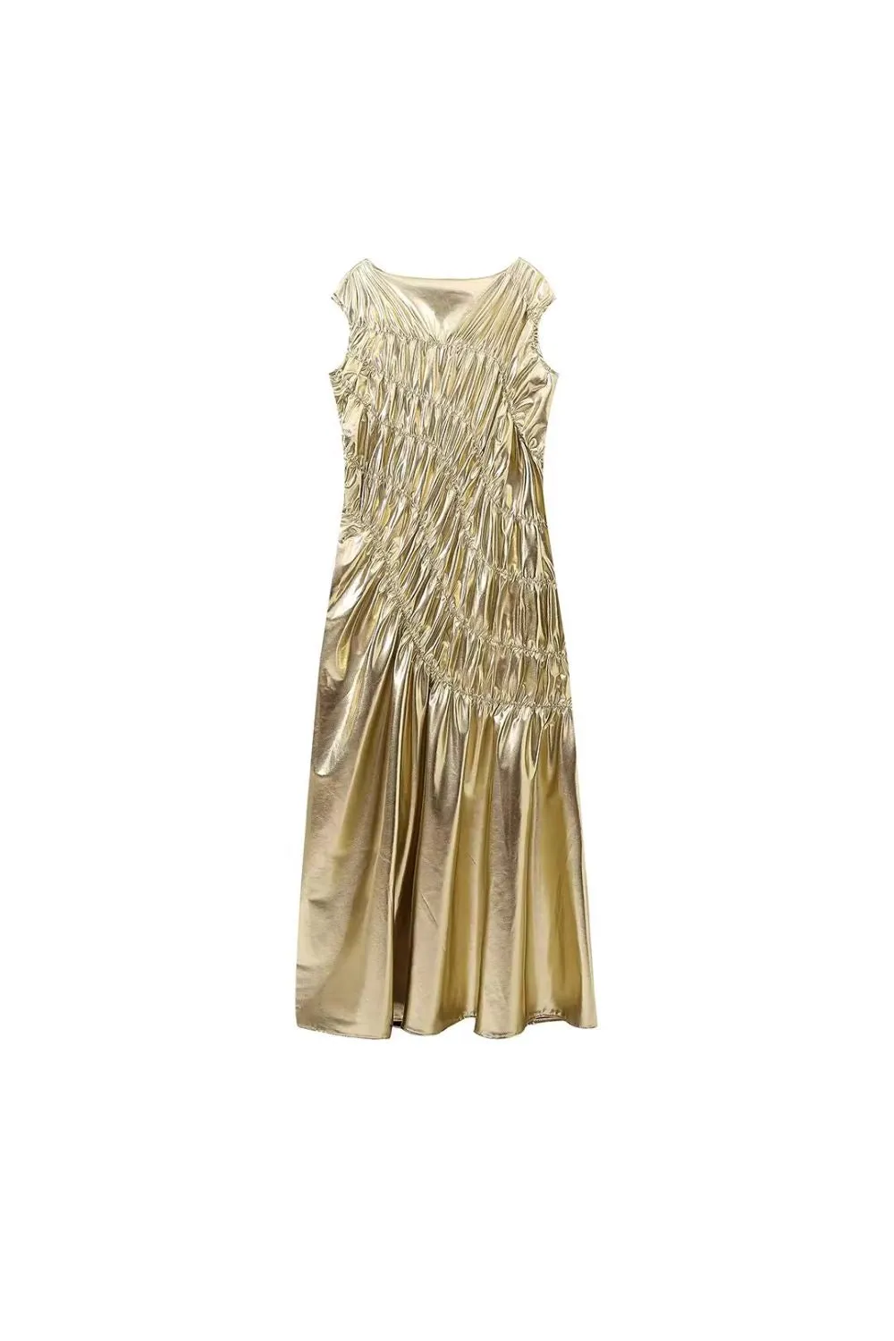 'Violet' Fitted Metallic Pleated Sleeveless Mid-calf Dress