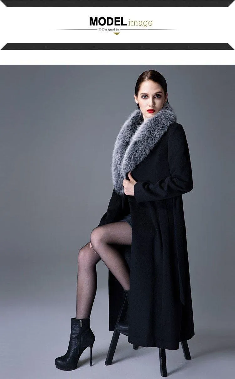 Woman Autumn Winter Wool Coat with Real Fox Fur