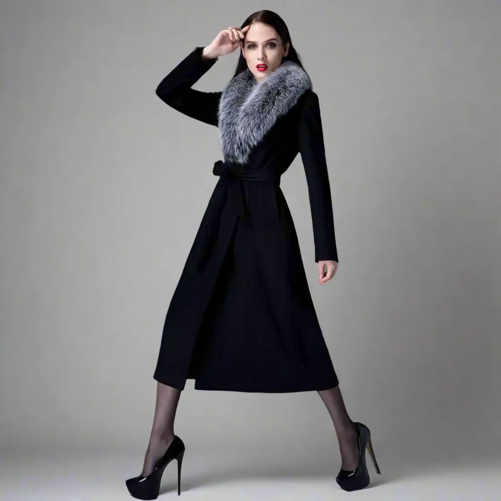 Woman Autumn Winter Wool Coat with Real Fox Fur