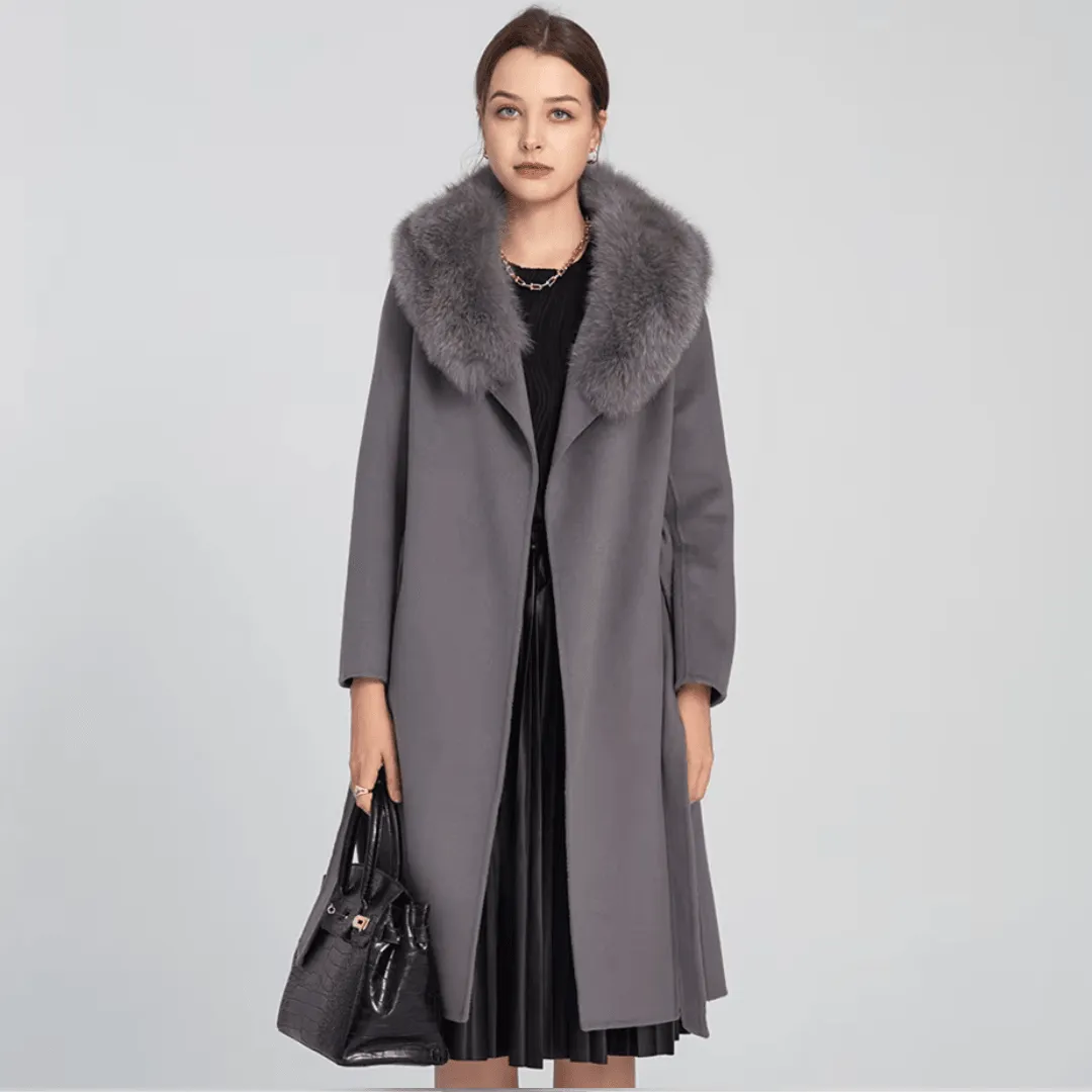 Woman Autumn Winter Wool Coat with Real Fox Fur