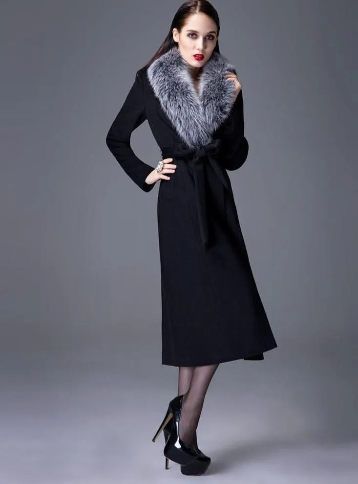 Woman Autumn Winter Wool Coat with Real Fox Fur