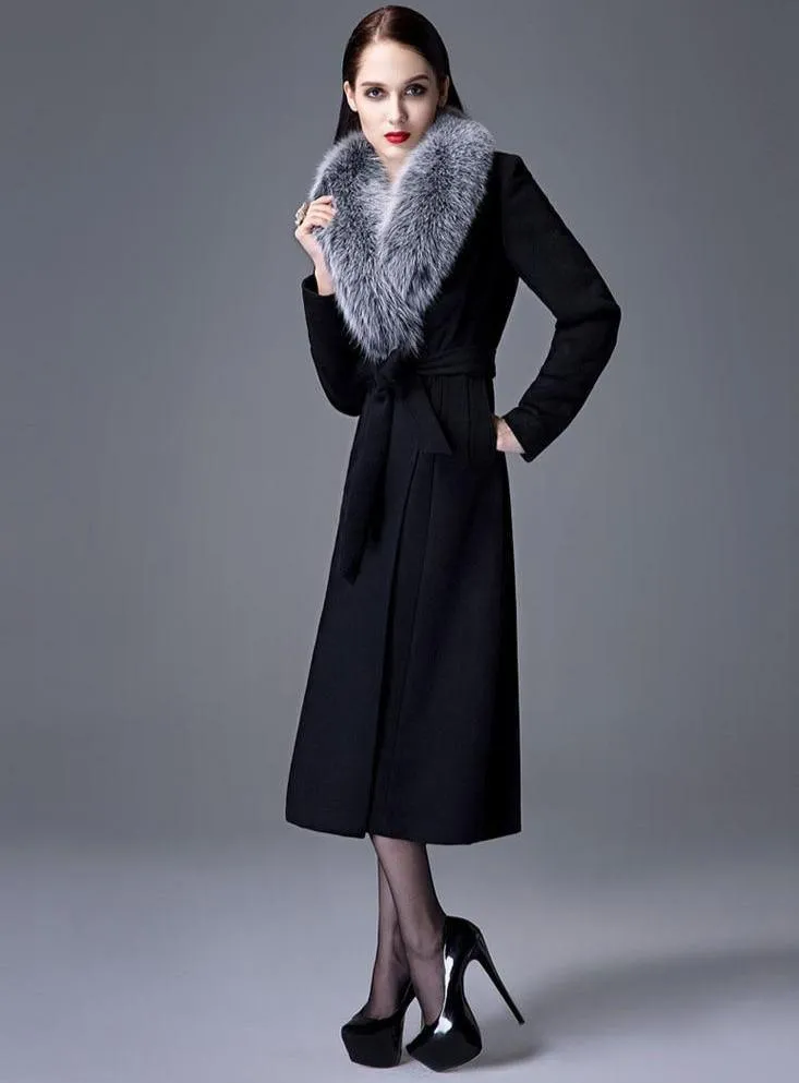 Woman Autumn Winter Wool Coat with Real Fox Fur