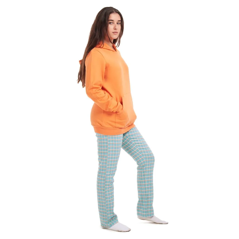 Women Winter Pajama Set Orange Sweatshirt   Pistache Checkered Pants