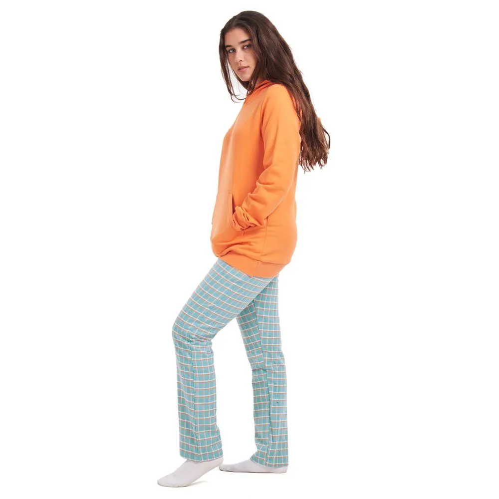 Women Winter Pajama Set Orange Sweatshirt   Pistache Checkered Pants