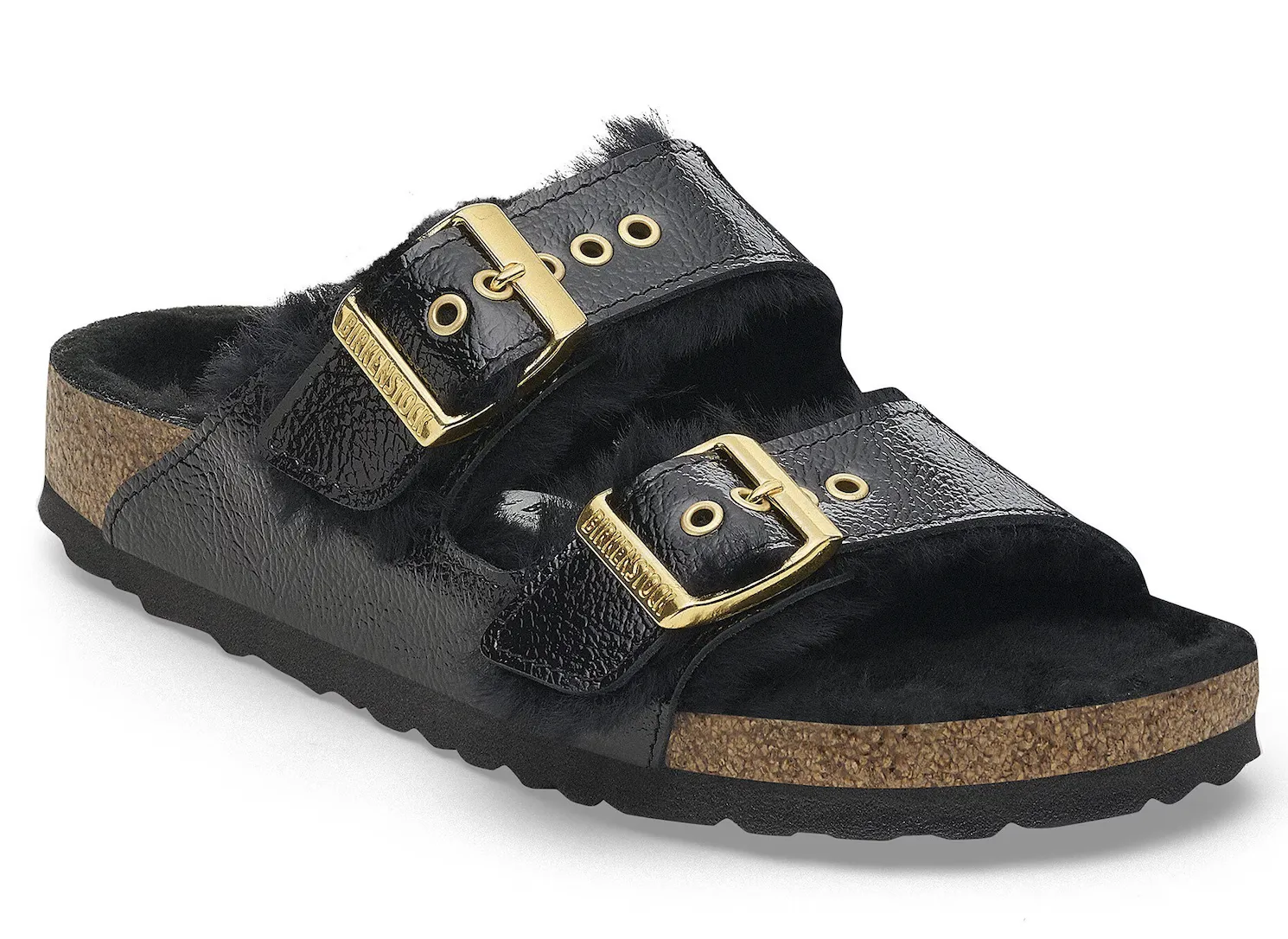 WOMEN'S BIRKENSTOCK ARIZONA SHEARLING EYELETS PATENT LEATHER | NAPLAK BLACK